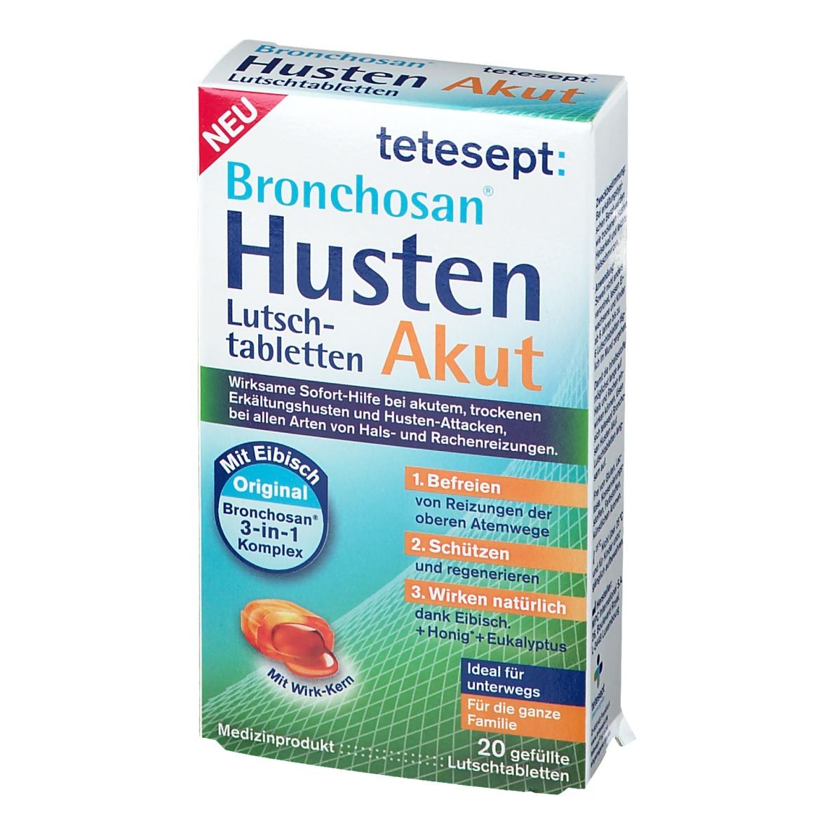 Schrägansicht der Verpackung von tetesept Bronchosan Husten Akut Lutschtabletten. Produktname und Logo.