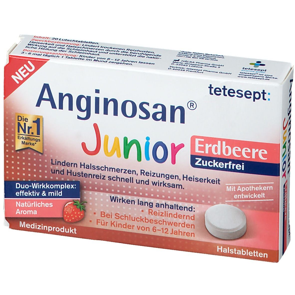Anginosan Junior Erdbeere zuckerfrei. Karton mit Tabletten. Aufschrift: lindert Halsschmerzen, Reizungen, Heiserkeit.