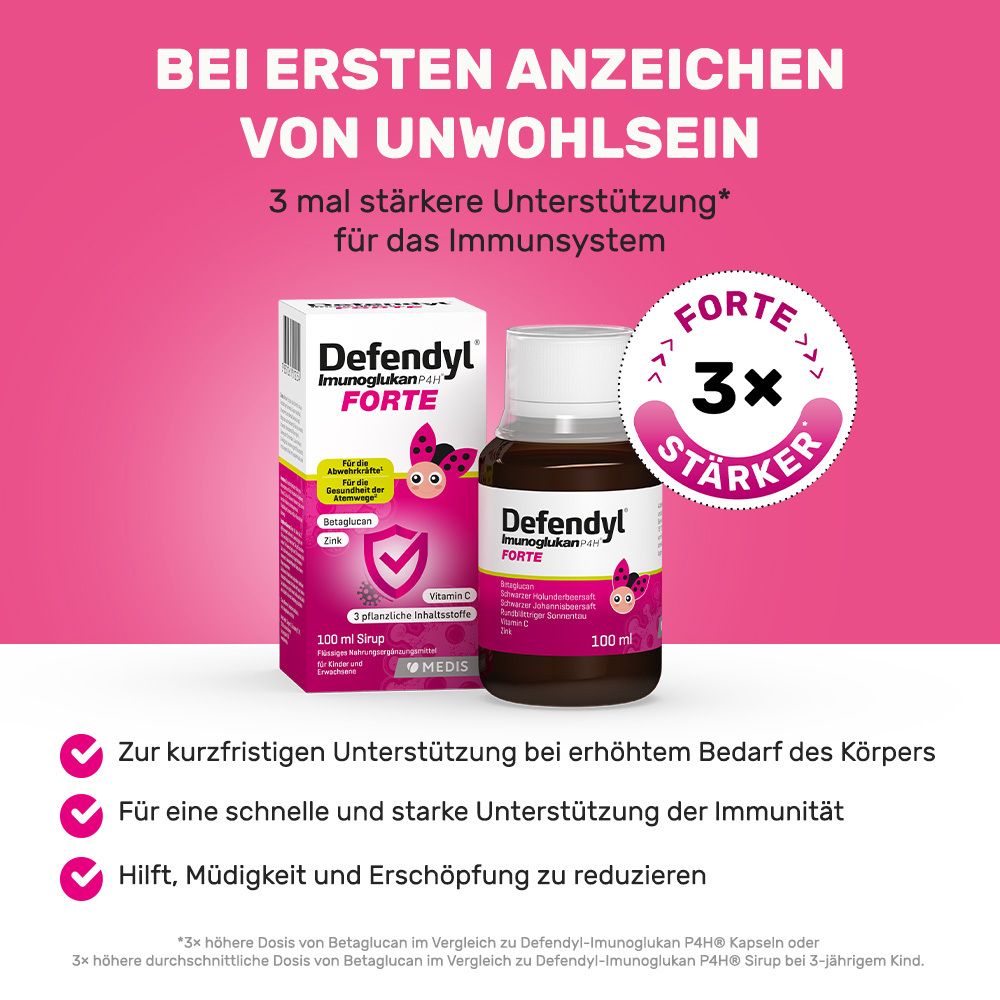 Defendyl-Imunoglukan P4H® FORTE, Flasche und Verpackung. 3x stärker für das Immunsystem. 100 ml Sirup. Rosa Hintergrund.