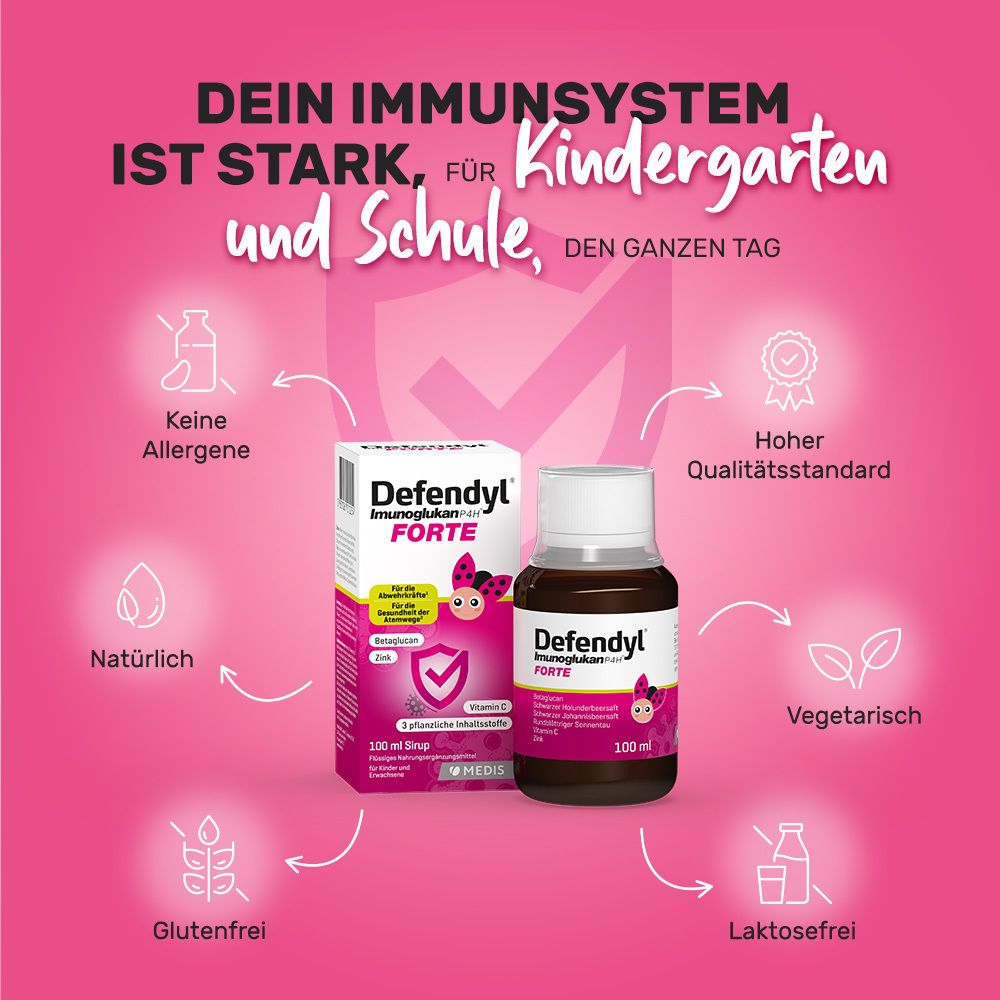 Defendyl-Imunoglukan P4H® FORTE, Flasche und Verpackung. Für Kindergarten und Schule. 100 ml Sirup. Rosa Hintergrund.