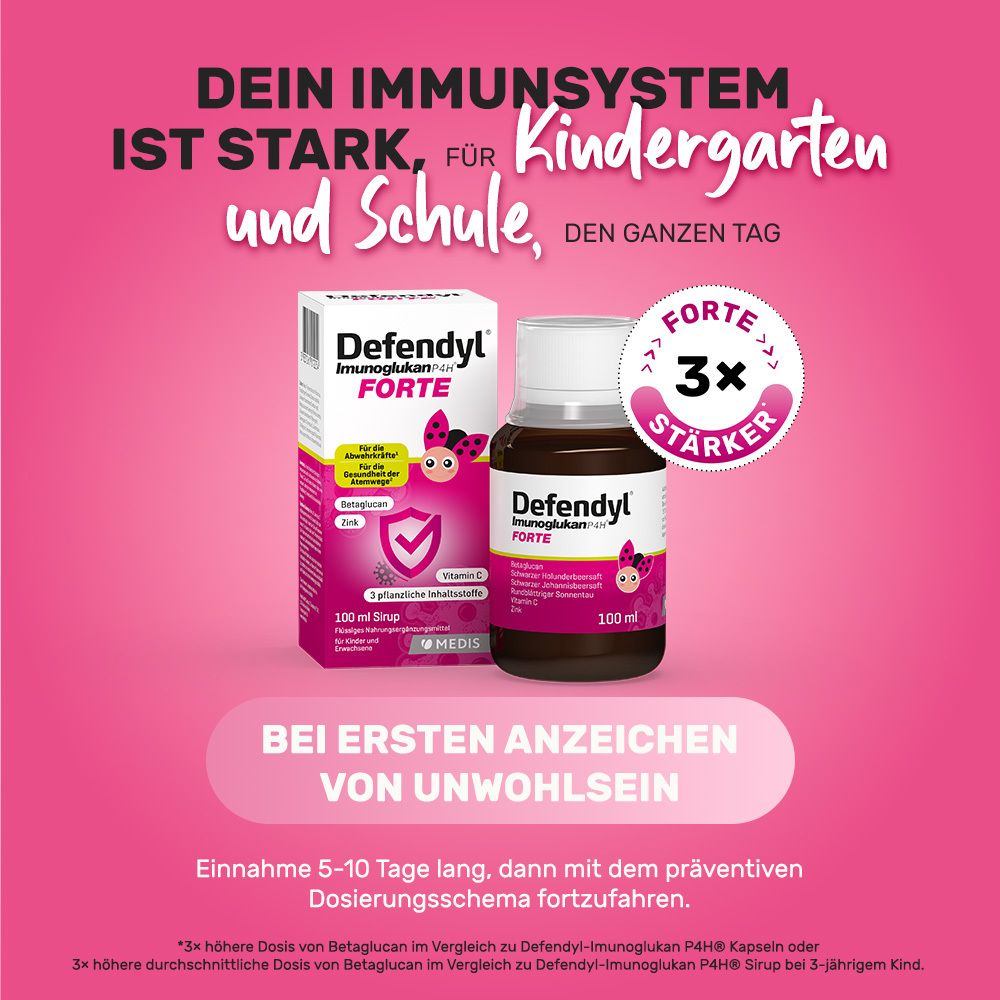 Defendyl-Imunoglukan P4H® FORTE, Flasche und Verpackung. 3x stärker. Für Kindergarten und Schule. Rosa Hintergrund.