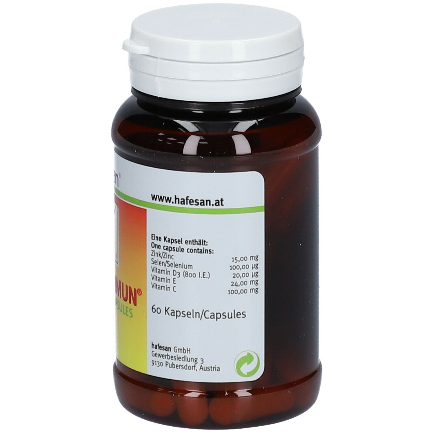 Braune Kapsel-Dose mit weißem Deckel. Aufschrift MULTIIMMUN, 60 Kapseln. Inhaltsstoffe. Marke hafesan®.