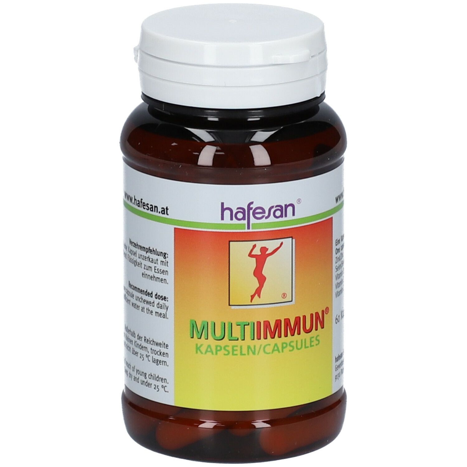 Braune Kapsel-Dose mit weißem Deckel. Aufschrift MULTIIMMUN, 60 Kapseln. Logo mit Figur. Marke hafesan®.
