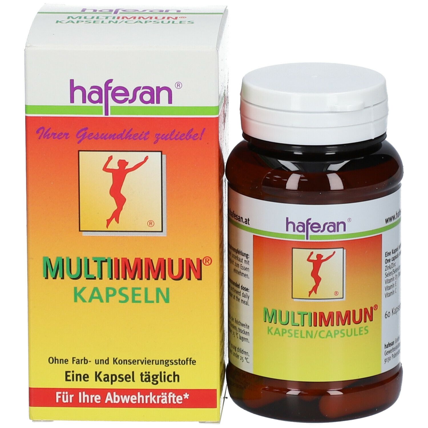Produktverpackung: Dose und Schachtel. Aufschrift MULTIIMMUN, 60 Kapseln. Logo mit Figur. Marke hafesan®.