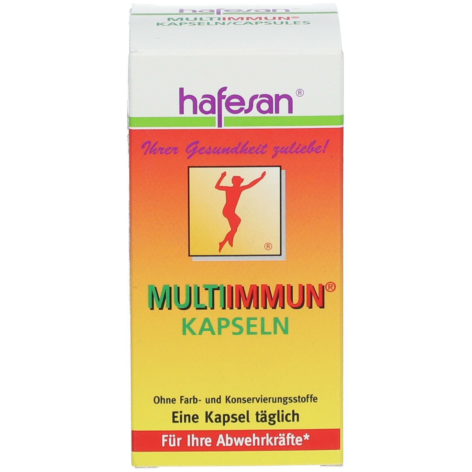 Produktverpackung: Schachtel. Aufschrift MULTIIMMUN, Kapseln. Logo mit Figur. Marke hafesan®.