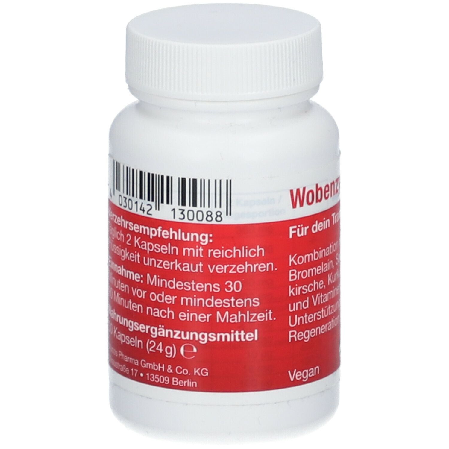 Weiße Flasche mit rotem Etikett und Barcode. Text: Wobenzym sport. Informationen zur Einnahme und Inhaltsstoffe.