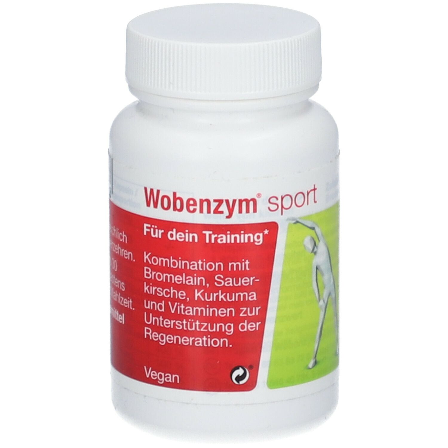 Weiße Flasche mit rotem und grünem Etikett. Aufschrift: Wobenzym sport. Abbildung einer Person beim Dehnen.