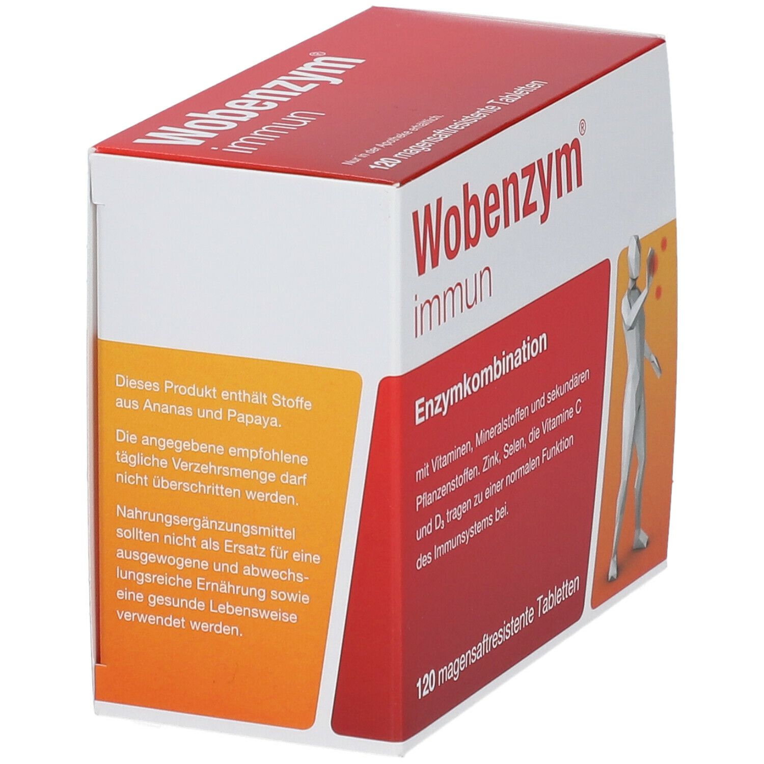 Wobenzym immun, Verpackung mit Produktinformationen. Rote und weiße Schachtel mit Text und Hinweisen zur Anwendung.