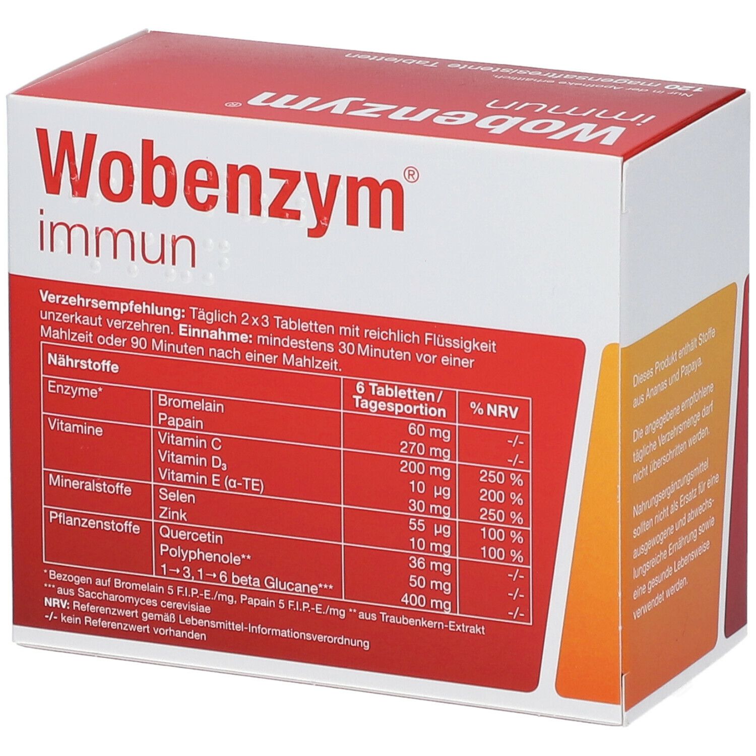 Wobenzym immun, Verpackung mit Nährwerttabelle. Rote und weiße Schachtel mit detaillierten Informationen zu Inhaltsstoffen.