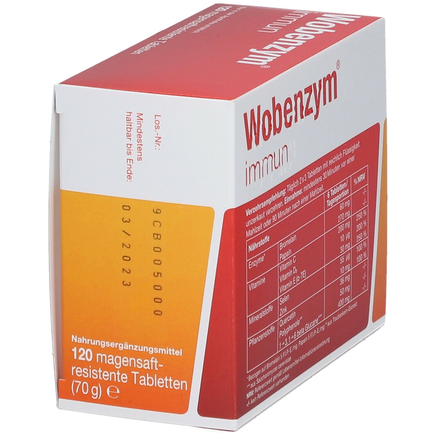 Wobenzym immun, Verpackung mit Nährwerttabelle und Haltbarkeitsdatum. Rote und weiße Schachtel mit Informationen.