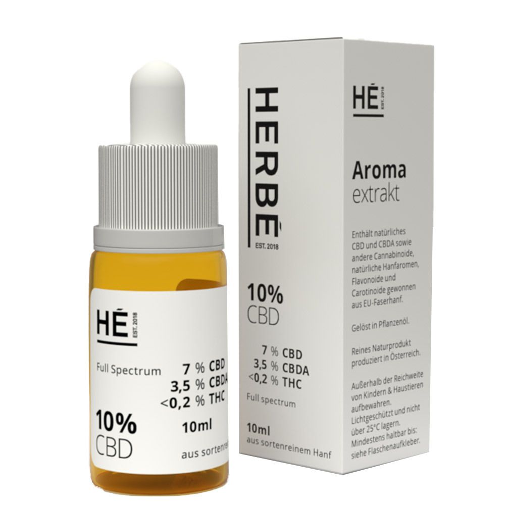 HERBÉ CBD Öl 10 %. Braune Flüssigkeit in einer Glasflasche mit Pipette und weißer Verpackung. Aufschrift: 10% CBD.
