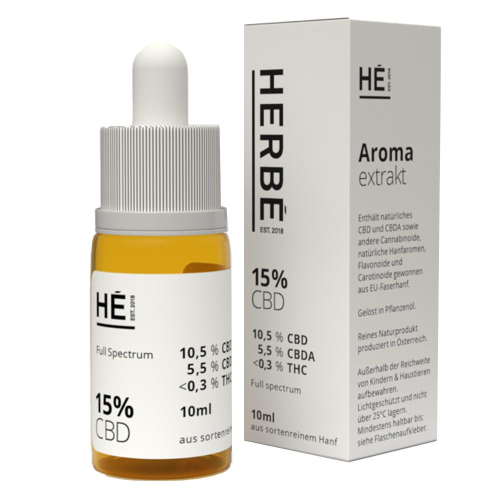 HERBÉ CBD Öl 15 %. Braune Flüssigkeit in einer Glasflasche mit Pipette und Verpackung. Enthält 15% CBD.