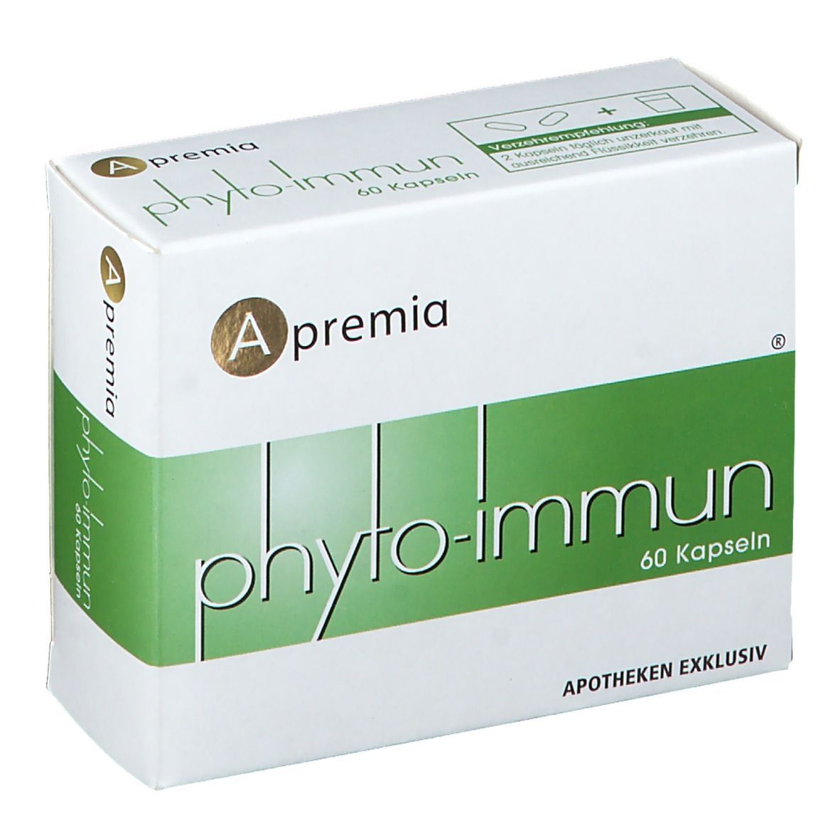 Weißer Karton mit grünem Streifen. Aufschrift: phyto-immun, 60 Kapseln. Apotheken exklusiv. Marke: A premia.