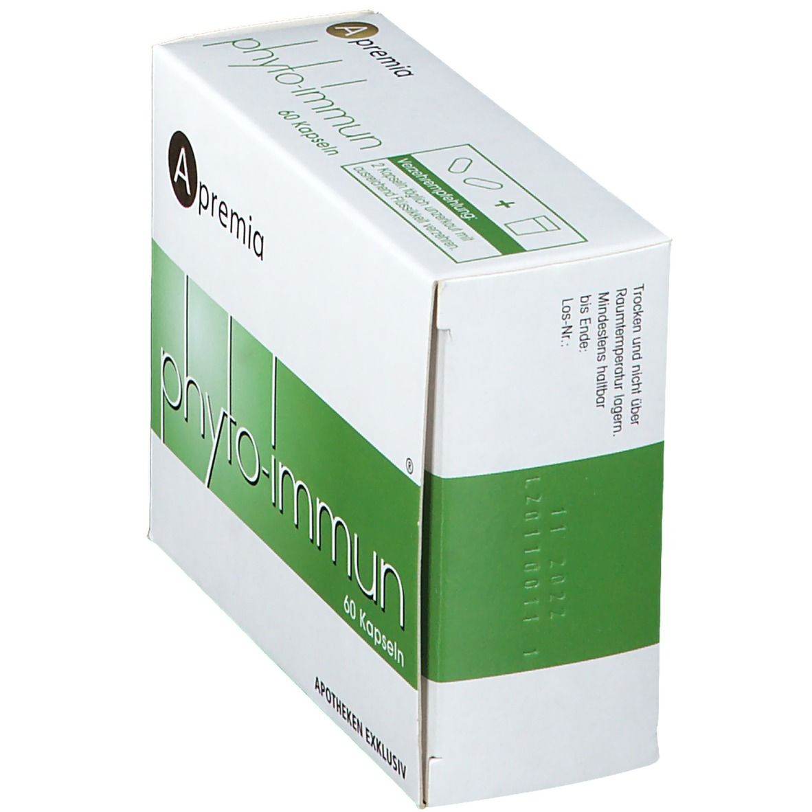 Schräg stehende weiße Schachtel mit grünem Streifen. Aufschrift: phyto-immun, 60 Kapseln. Marke: A premia.