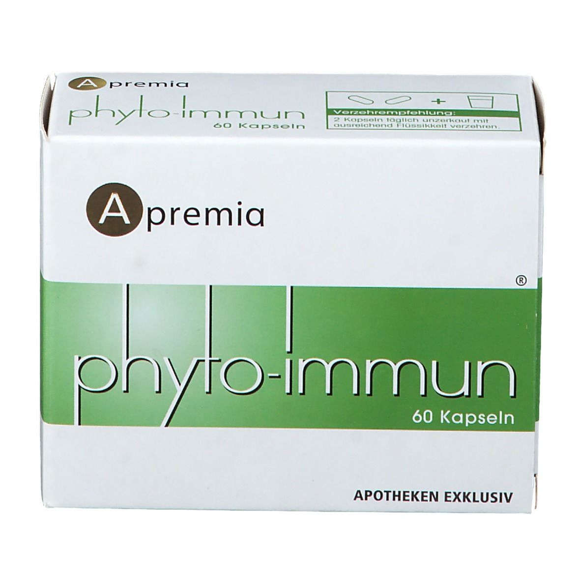 Weiße Schachtel mit grünem Streifen. Aufschrift: phyto-immun, 60 Kapseln. Apotheken exklusiv. Marke: A premia.