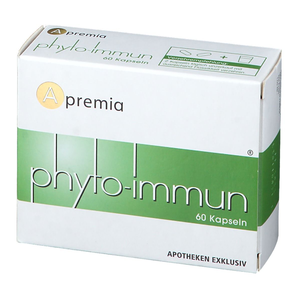 Weiße Schachtel mit grünem Streifen. Aufschrift: phyto-immun, 60 Kapseln. Apotheken exklusiv. Marke: A premia.