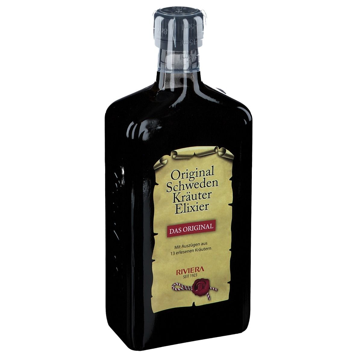 Dunkle Flasche mit Etikett. Aufschrift: Original Schweden Kräuter Elixier. Marke Riviera.