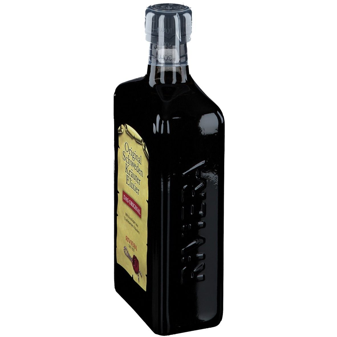 Dunkle Flasche, schräg. Etikett: Original Schweden Kräuter Elixier. Marke Riviera. Transparenter Verschluss.