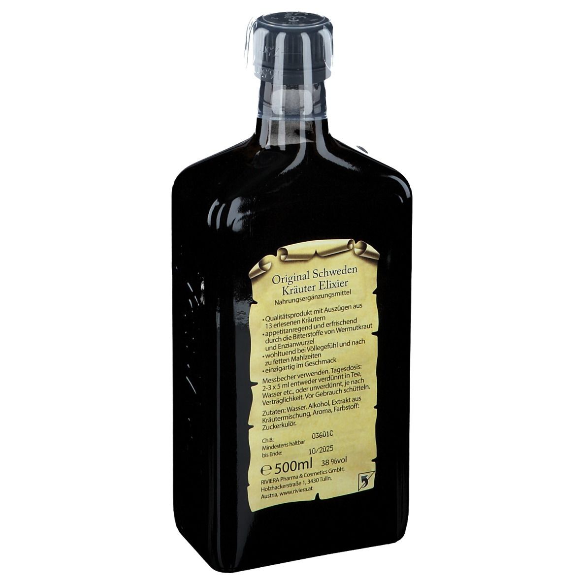Rückseite der dunklen Flasche. Etikett mit Text: Original Schweden Kräuter Elixier. Marke Riviera. 500ml.