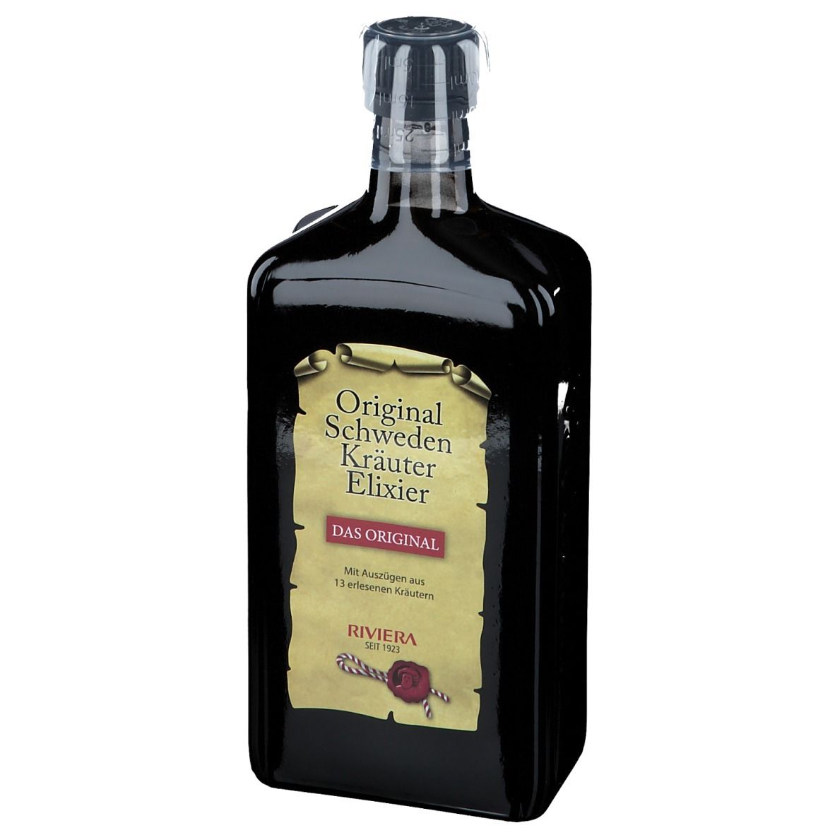 Dunkle Flasche mit Etikett. Aufschrift: Original Schweden Kräuter Elixier. Marke Riviera. Transparenter Verschluss.
