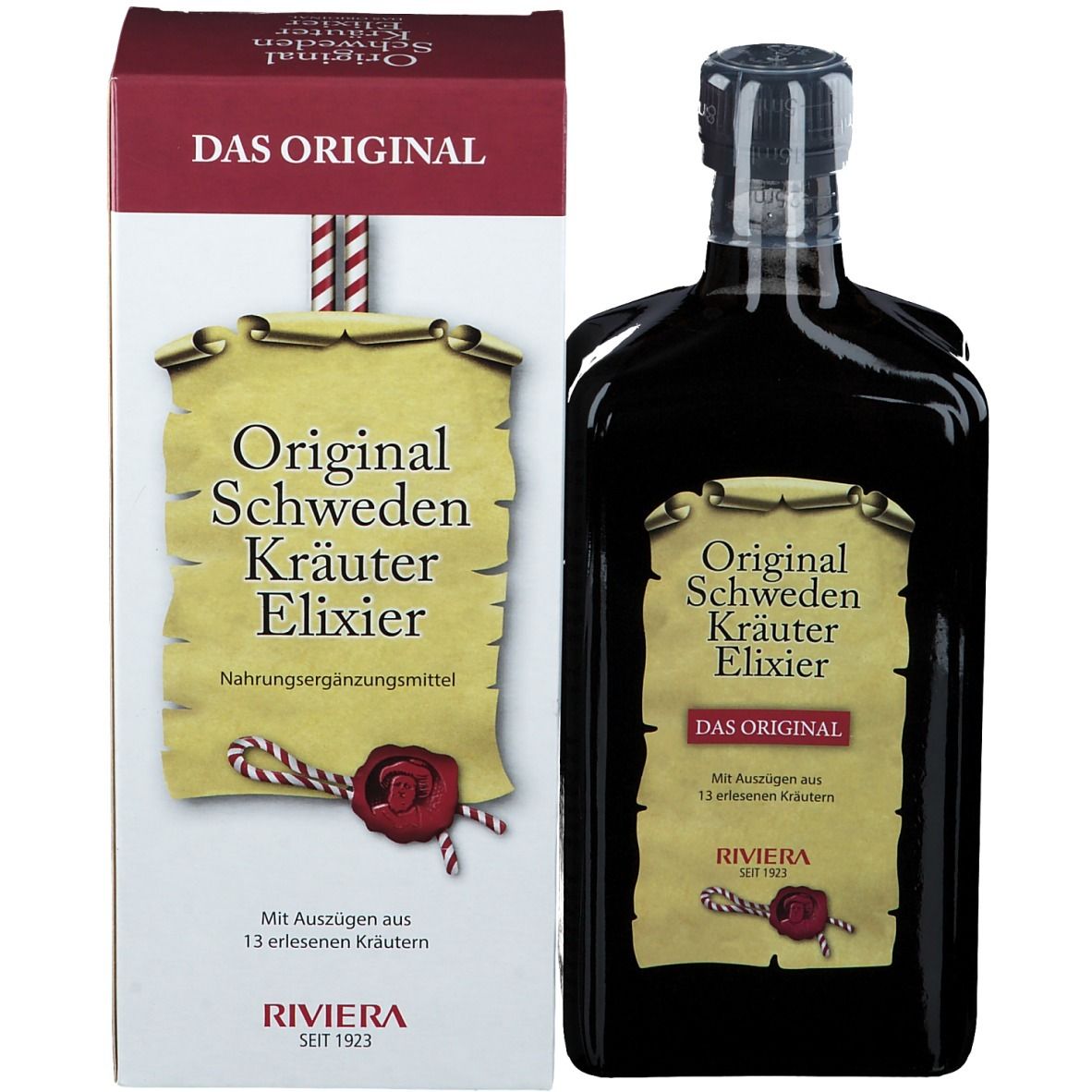 Flasche und Verpackung. Aufschrift: Original Schweden Kräuter Elixier. Marke Riviera. Transparenter Verschluss.