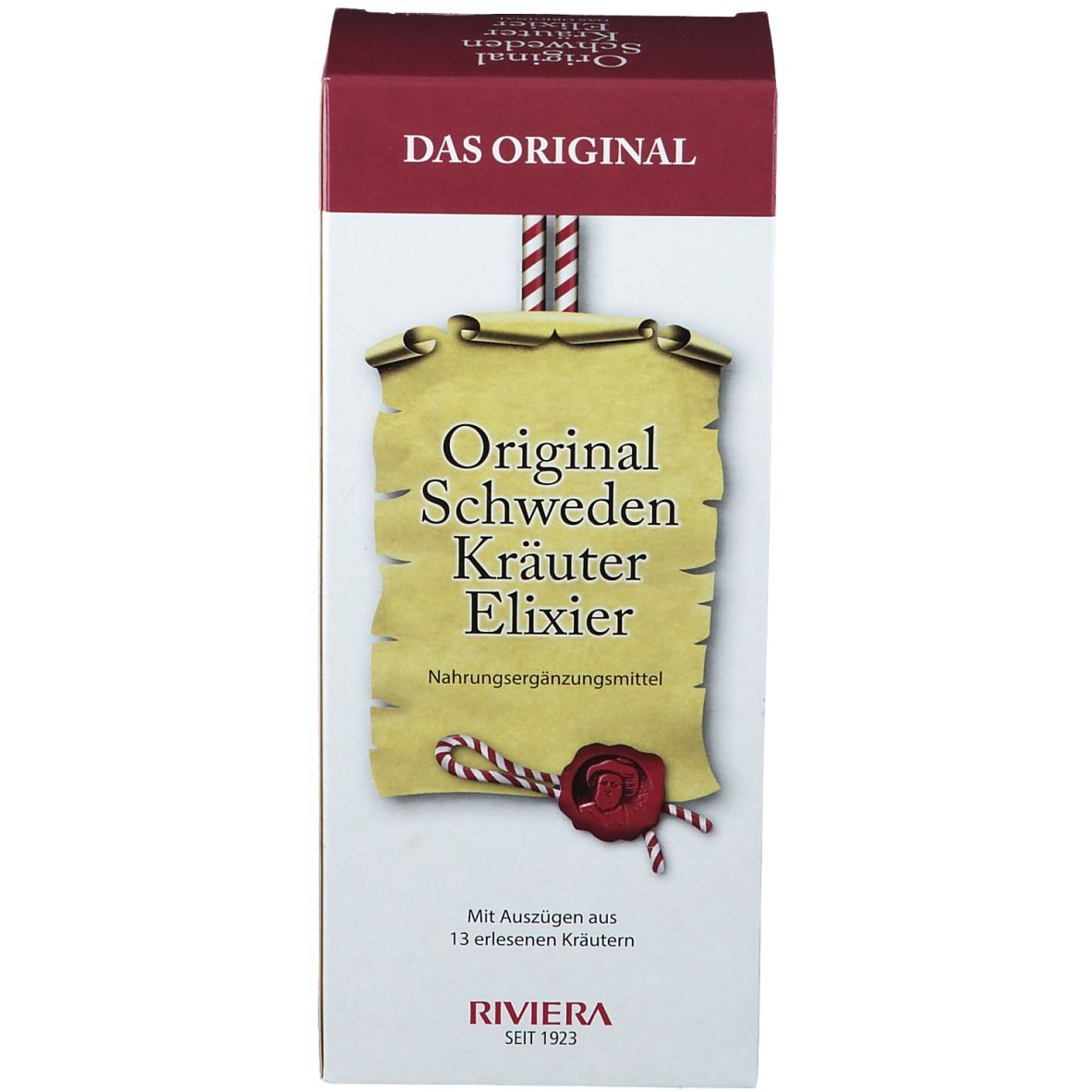 Verpackung. Aufschrift: Original Schweden Kräuter Elixier. Marke Riviera. Rote und weiße Elemente.