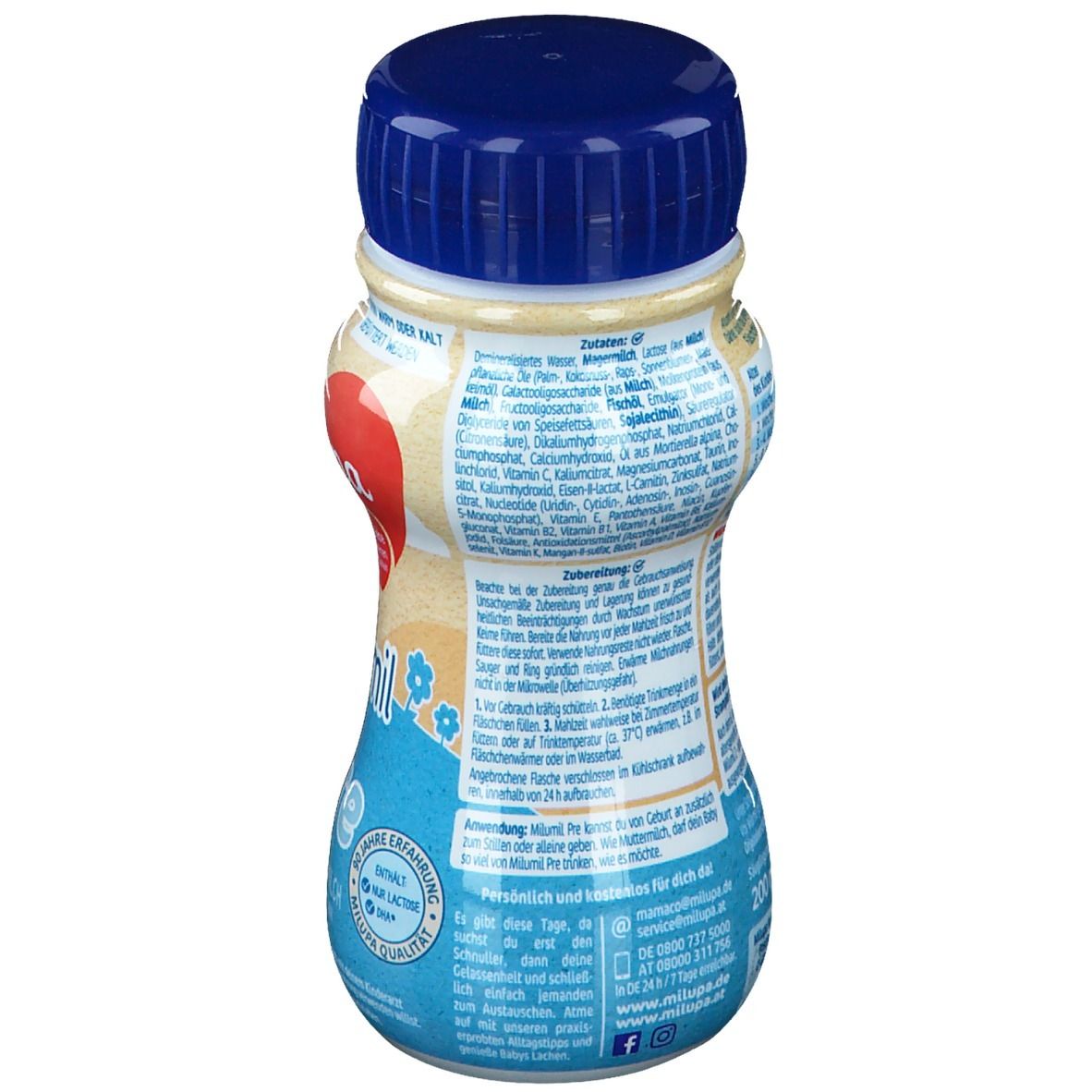 Rückseite der Flasche Milupa milumil Pre Anfangsmilch. Enthält Informationen zu Inhaltsstoffen und Anwendung. Blauer Hintergrund.