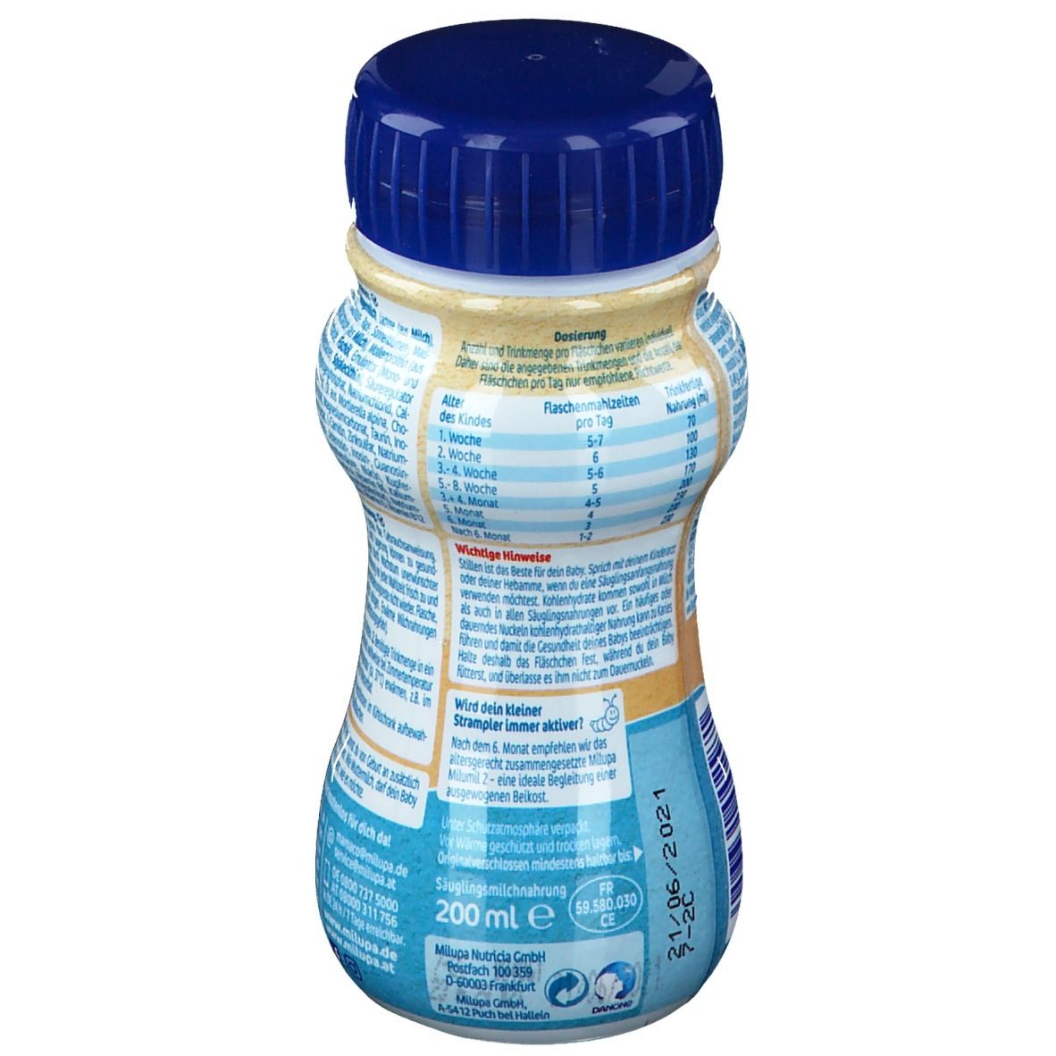 Rückseite der Flasche Milupa milumil Pre Anfangsmilch. Enthält Nährwertangaben und wichtige Hinweise. Blauer Hintergrund.