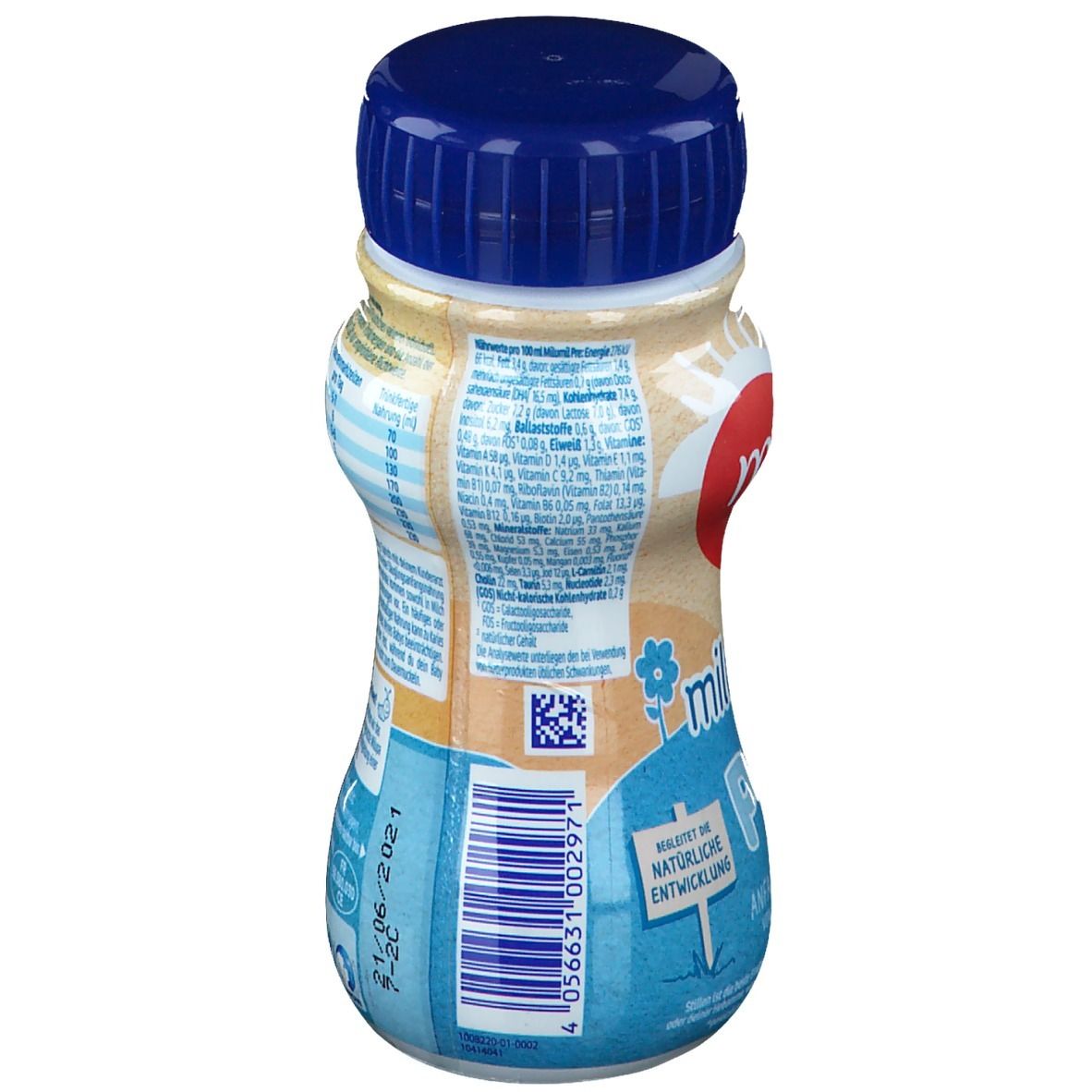 Rückseite der Flasche Milupa milumil Pre Anfangsmilch. Enthält Nährwertangaben und Informationen. Blauer Hintergrund. Datumsangabe.