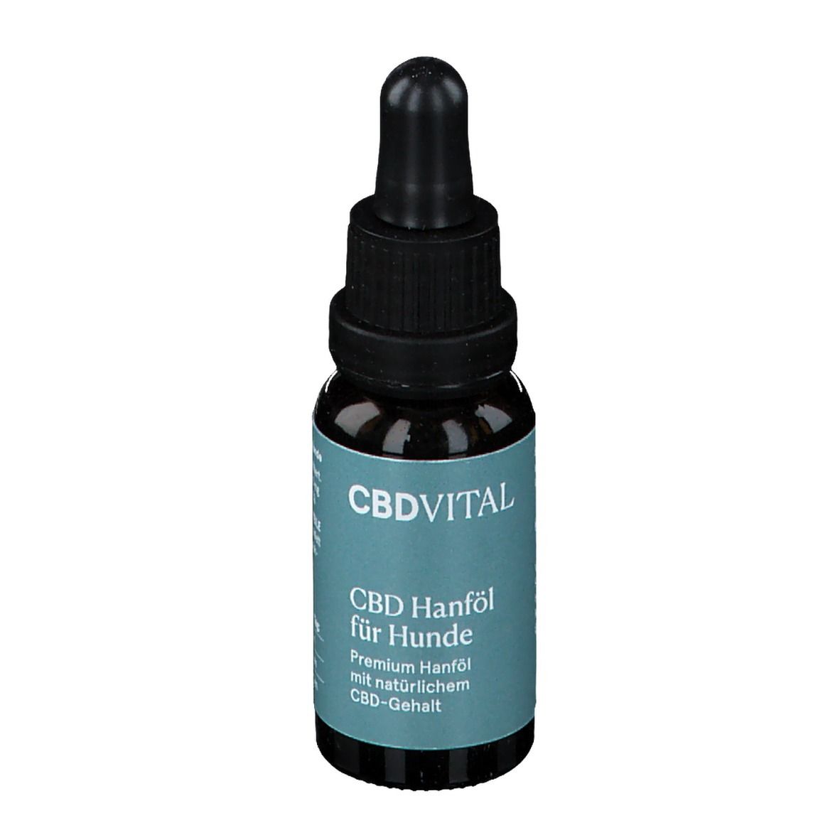 Braune Glasflasche mit schwarzem Deckel und Pipette. Aufschrift: CBDVITAL, CBD Hanföl für Hunde.