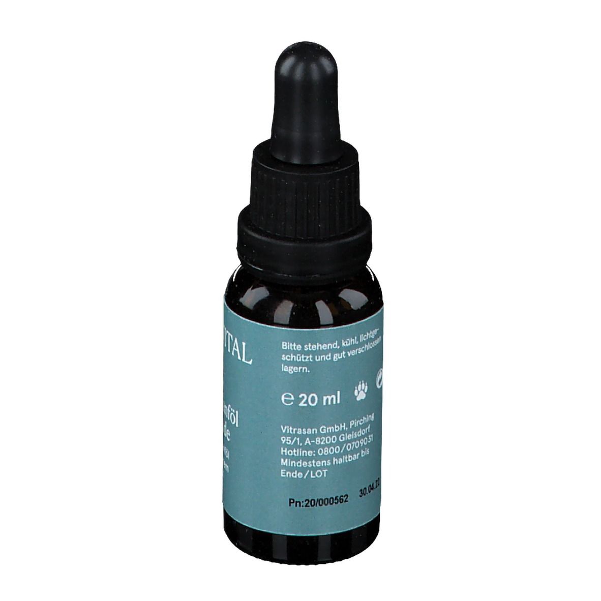 Braune Glasflasche mit schwarzem Deckel und Pipette. Aufschrift: CBDVITAL, CBD Hanföl für Hunde. Rückseite mit Text.