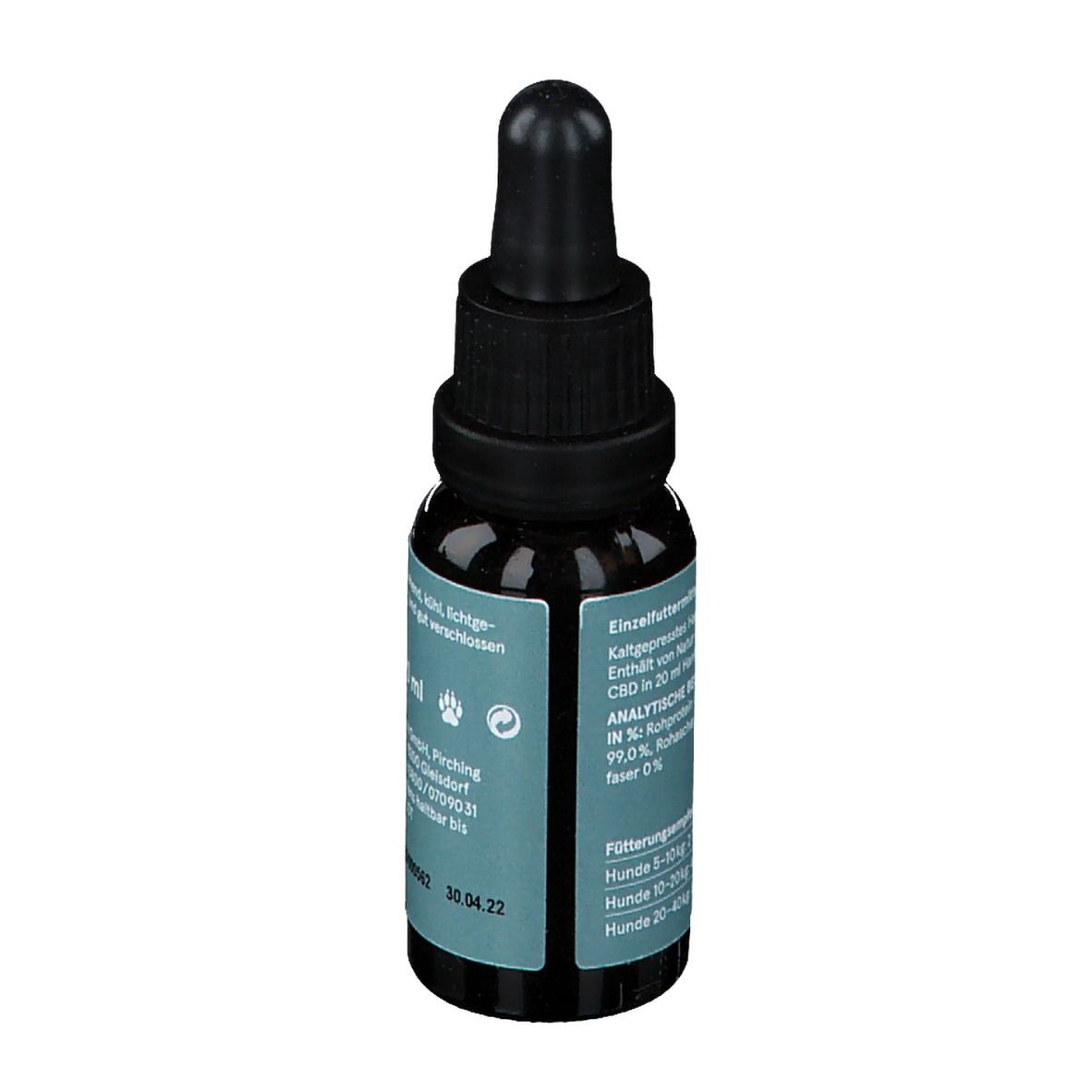 Braune Glasflasche mit schwarzem Deckel und Pipette. Aufschrift: CBDVITAL, CBD Hanföl für Hunde. Rückseite mit Text.