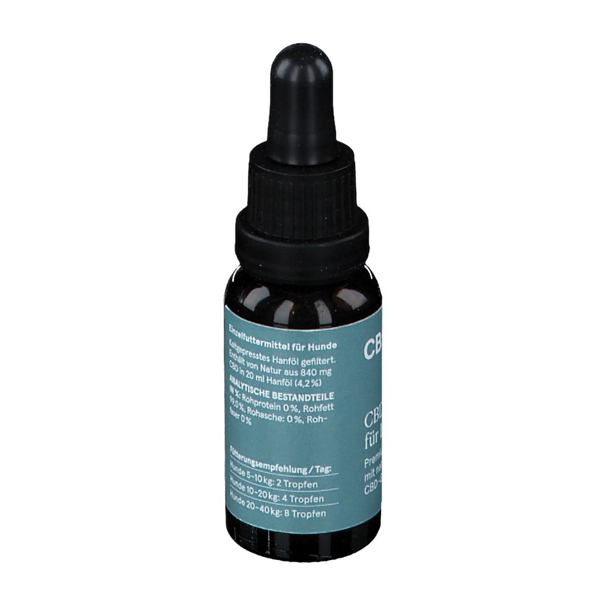 Braune Glasflasche mit schwarzem Deckel und Pipette. Aufschrift: CBDVITAL, CBD Hanföl für Hunde. Rückseite mit Text.