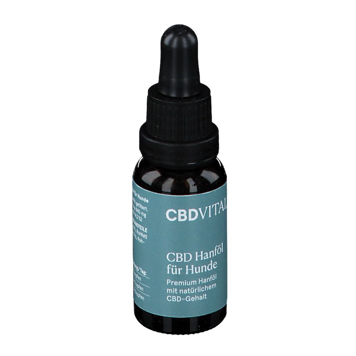 Braune Glasflasche mit schwarzem Deckel und Pipette. Aufschrift: CBDVITAL, CBD Hanföl für Hunde.