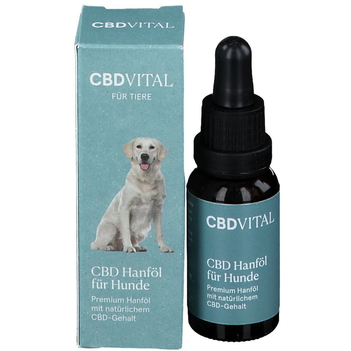 Produktverpackung mit Flasche und Karton. Aufschrift: CBDVITAL, CBD Hanföl für Hunde. Abbildung eines Hundes.