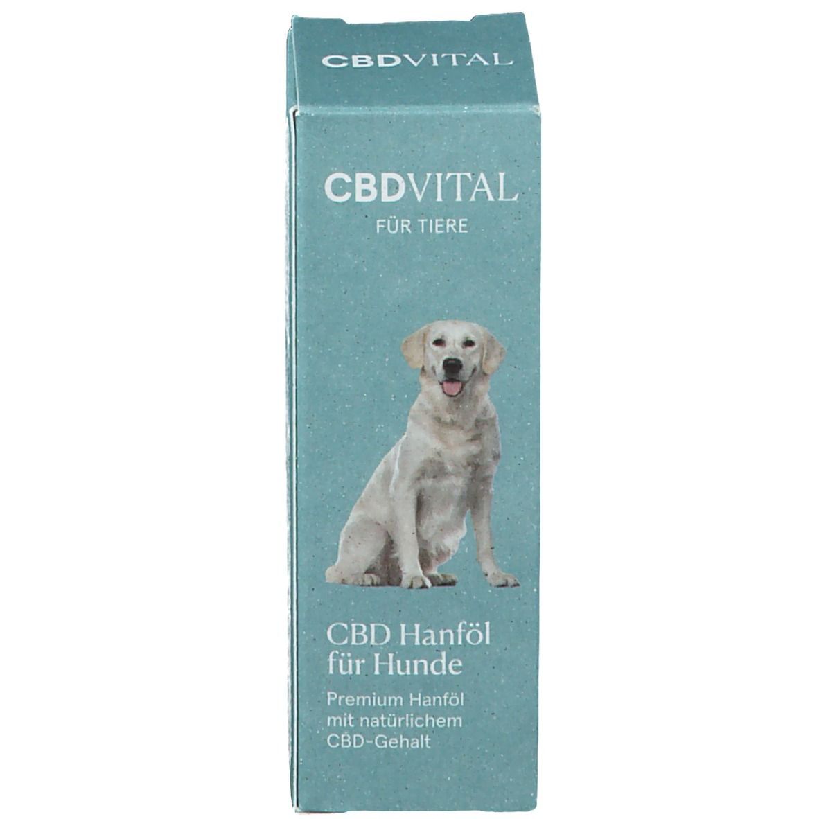 Produktverpackung. Aufschrift: CBDVITAL, CBD Hanföl für Hunde. Abbildung eines Hundes.