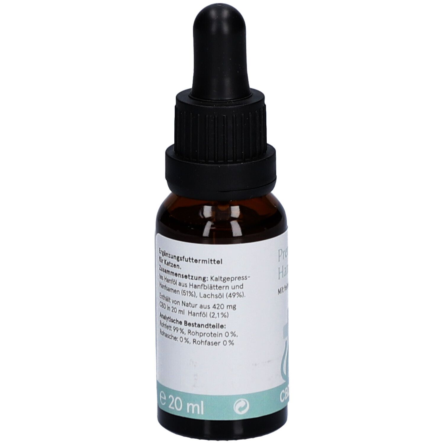 Braune Glasflasche mit schwarzem Tropfer. Aufkleber mit Text. Produktname: Premium Hanföl plus. Enthält 20 ml. Angaben zur Zusammensetzung.