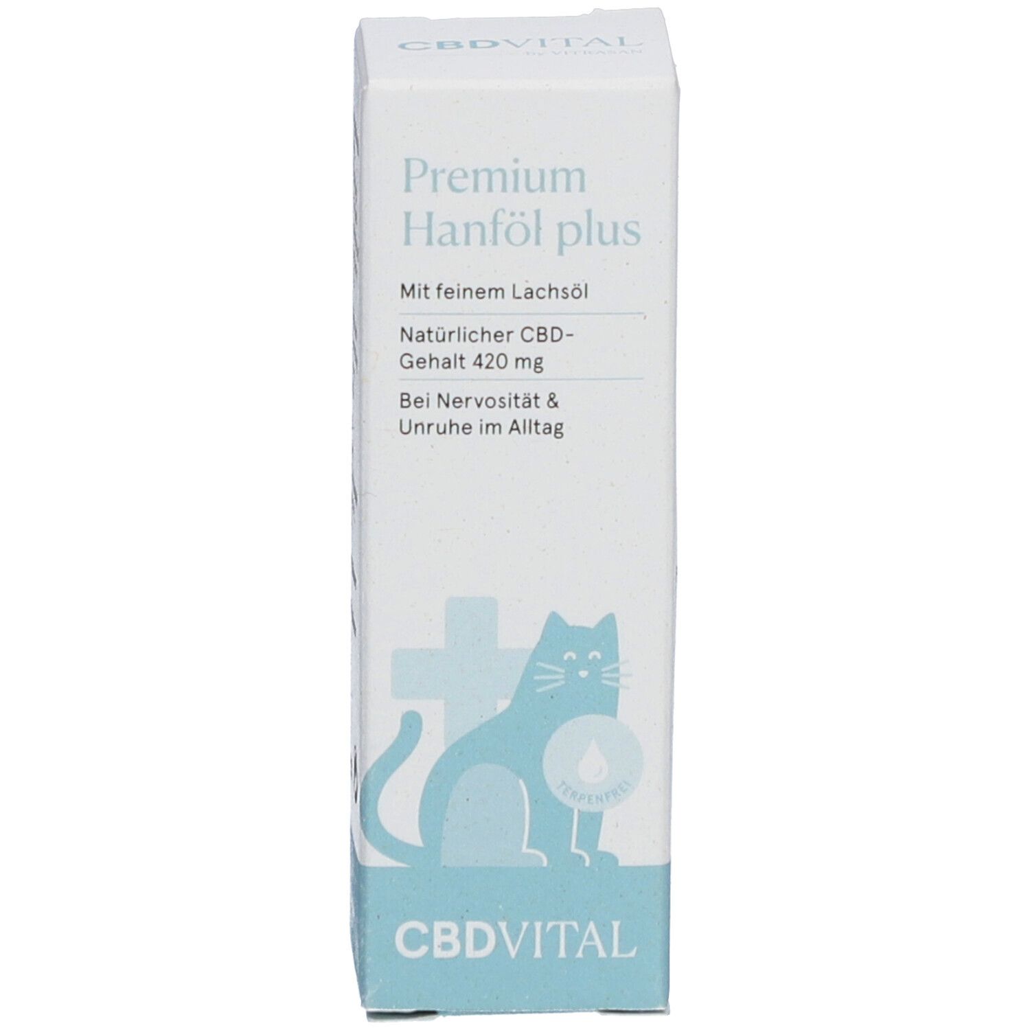 Produktverpackung: Schachtel. Text: Premium Hanföl plus, CBDVITAL Logo, Katze, Kreuz. Natürlicher CBD-Gehalt 420 mg.