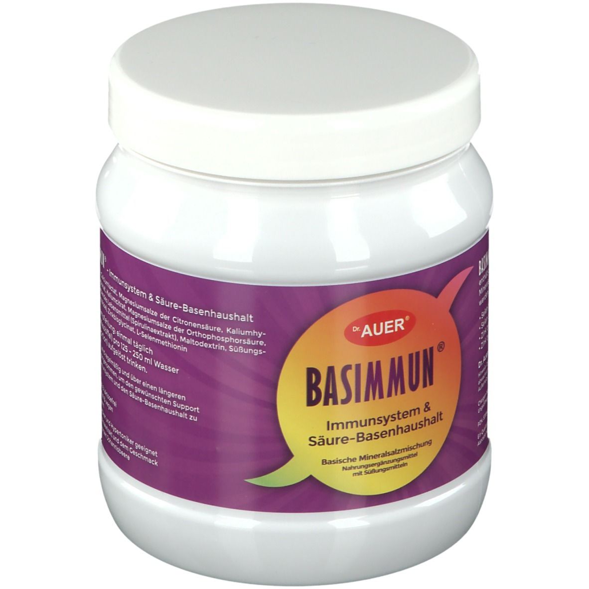 Weißes Produktglas mit Deckel. Aufschrift: BASIMMUN®, Immunsystem & Säure-Basenhaushalt. Marke: Dr. Auer.