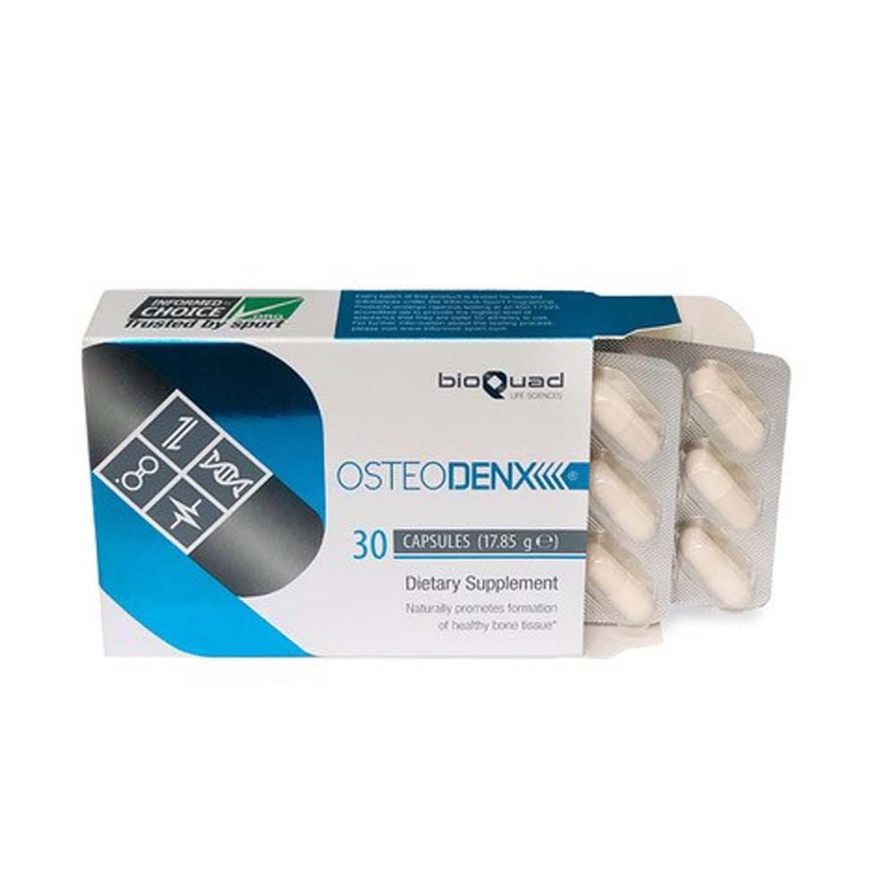 Verpackung mit Kapseln. Produktname OSTEODENX® und Logo. 30 Kapseln in Blistern. Marke bioQuad.