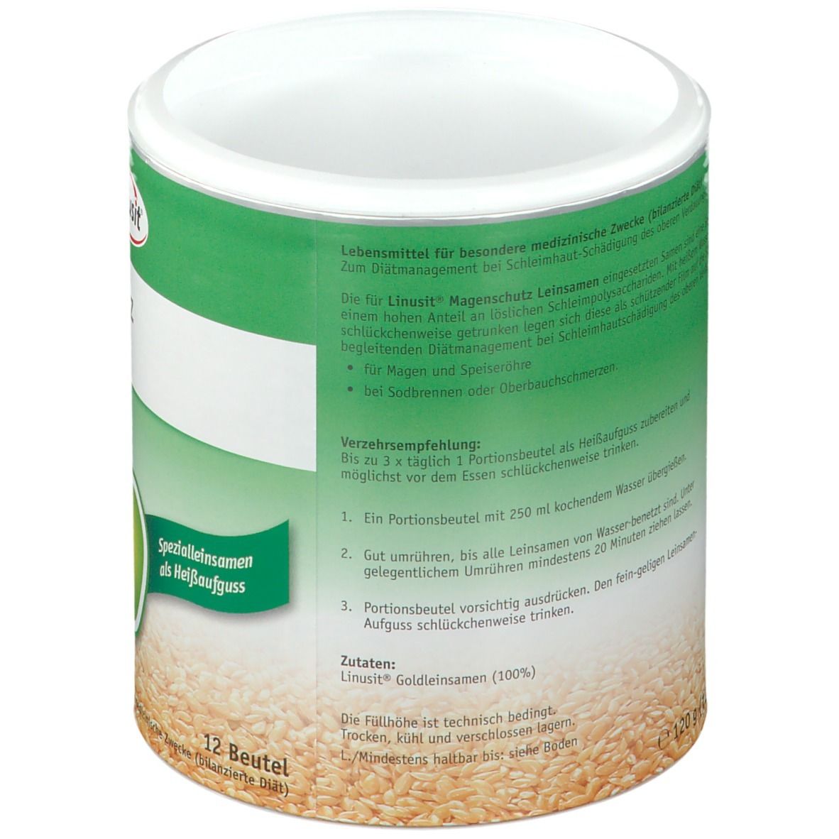Dose mit grüner Beschriftung. Text: Zubereitungshinweise. 12 Beutel. Text: Linusit Goldleinsamen (100%).