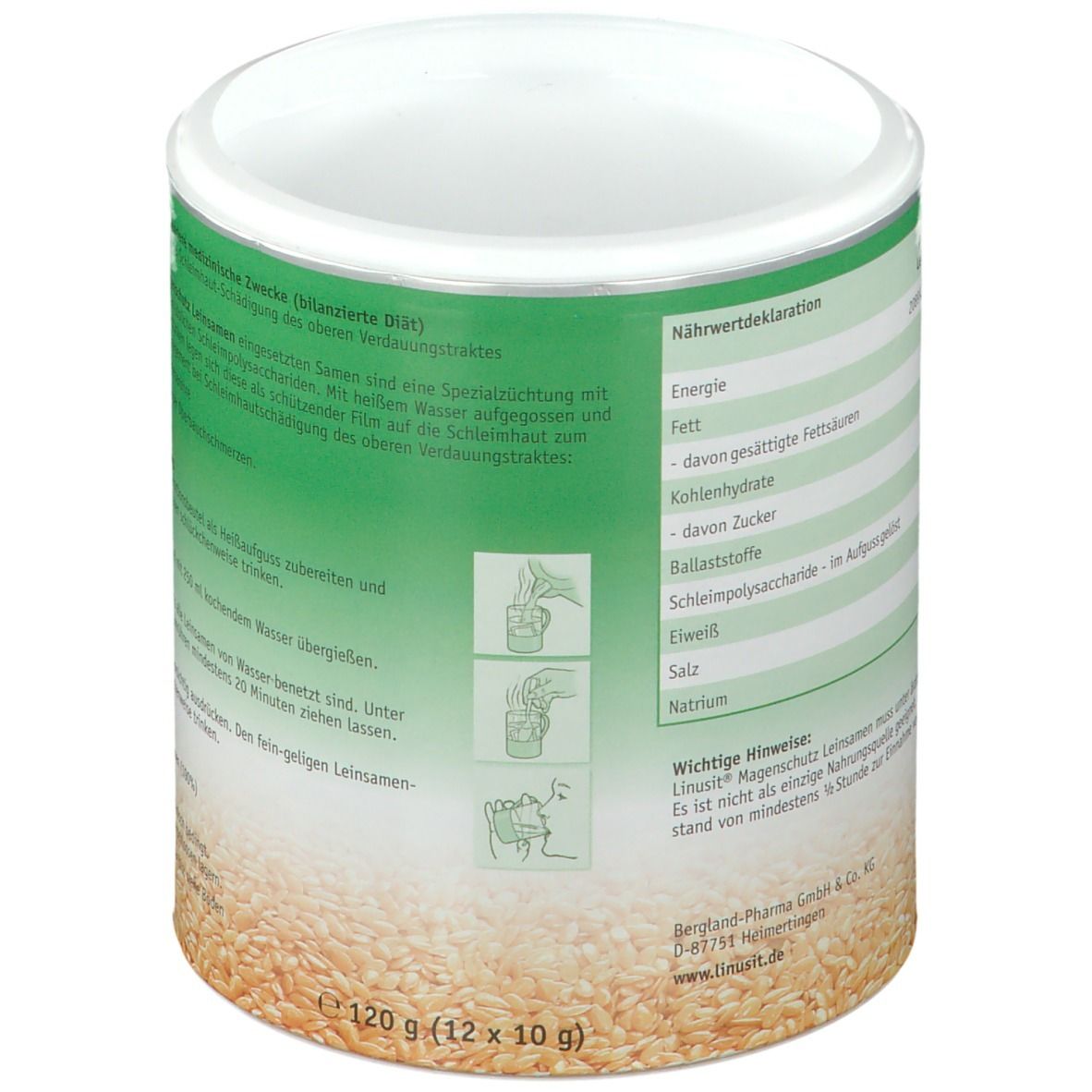 Dose mit grüner Beschriftung. Text: Nährwertdeklaration. Text: 120 g (12 x 10 g). Text: Linusit. Abbildungen zur Zubereitung.