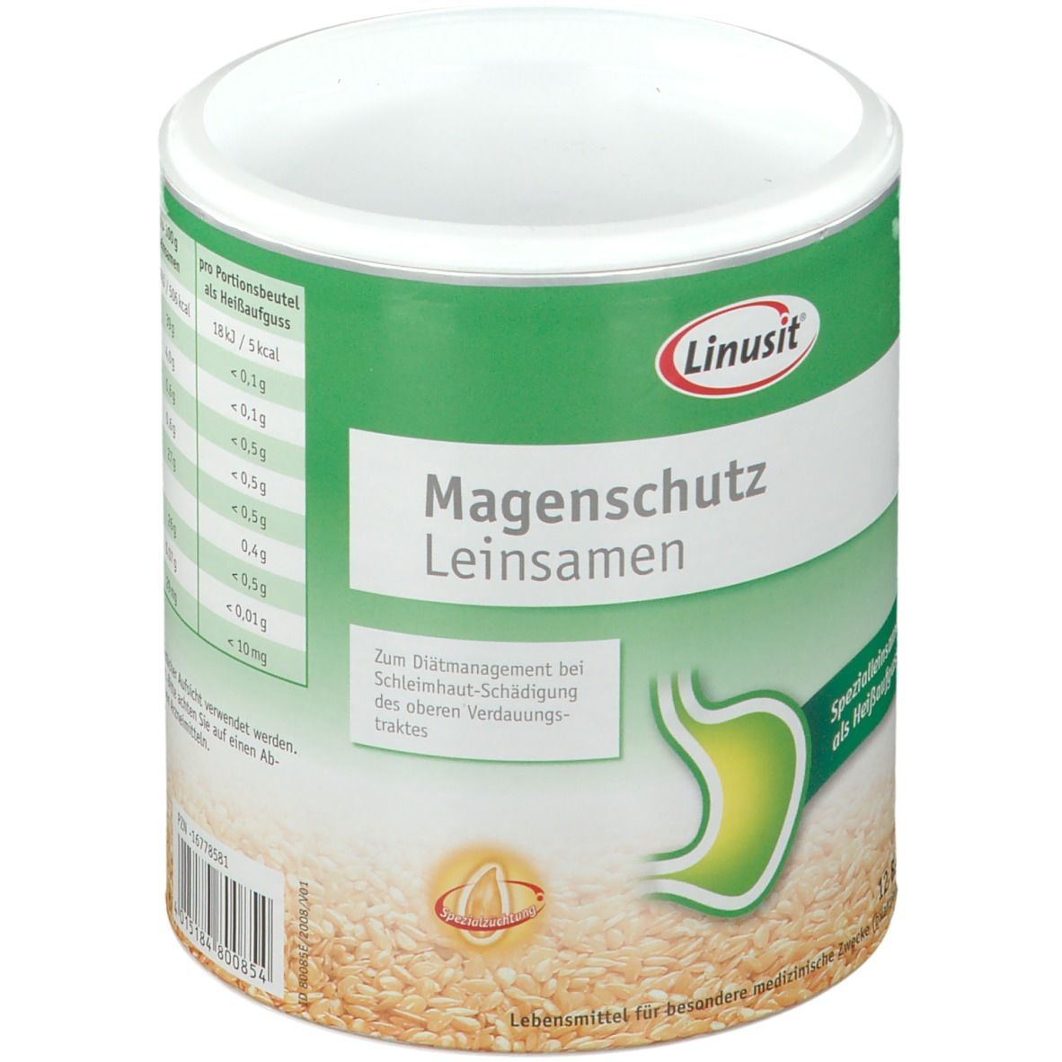 Zylindrische Dose mit grünem Etikett. Aufschrift: Magenschutz Leinsamen. Logo: Linusit. 12 Beutel.