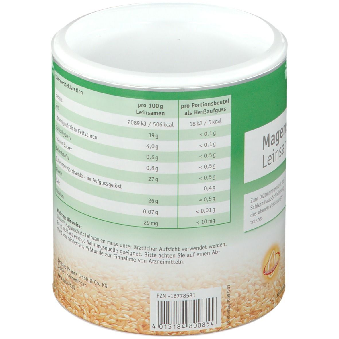 Dose mit grüner Beschriftung. Text: Nährwertdeklaration. Text: pro 100 g und pro Portionsbeutel. PZN-Nummer.