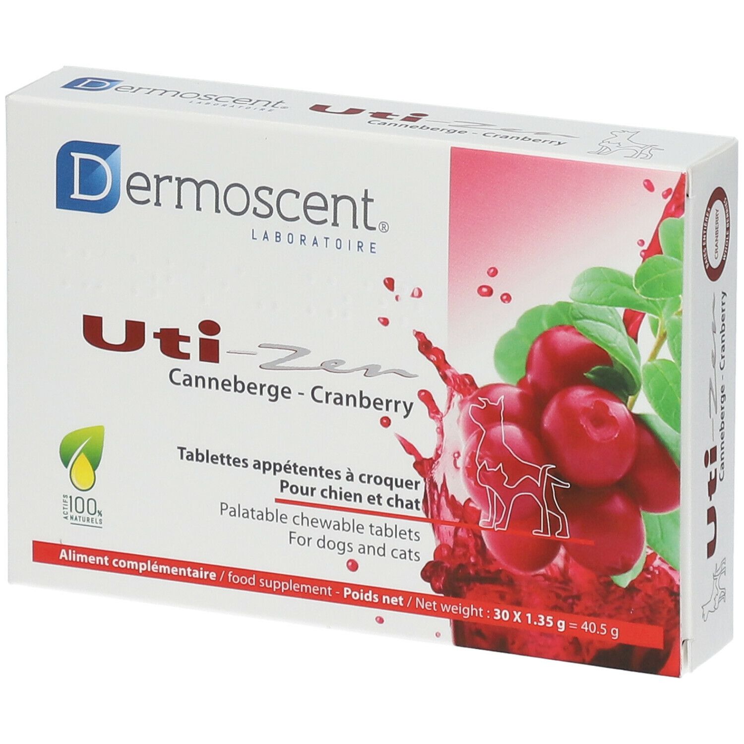 Karton mit Produktaufdruck. Aufschrift: Dermoscent Uti-Zen Cranberry. Abbildung von Cranberrys. Für Hunde und Katzen.