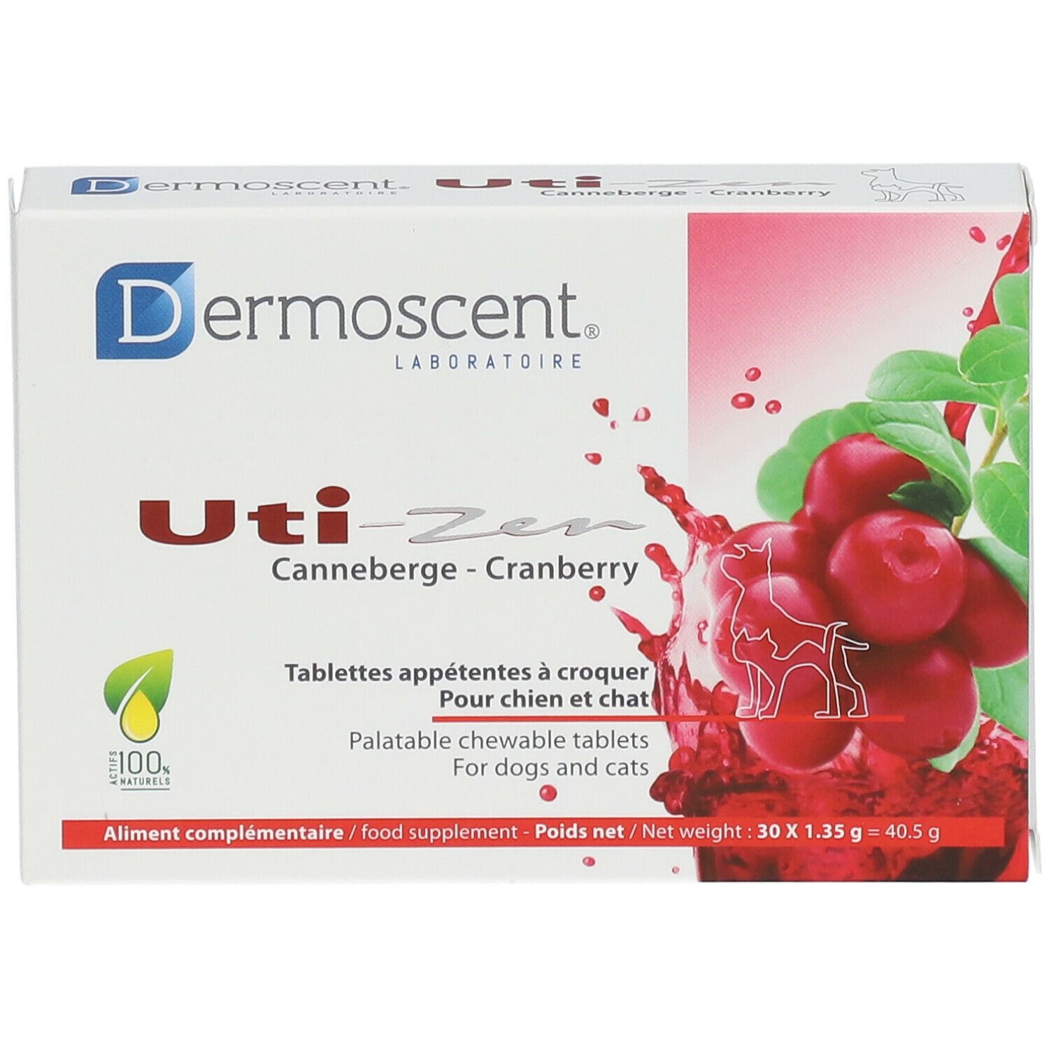 Karton mit Produktaufdruck. Aufschrift: Dermoscent Uti-Zen Cranberry. Abbildung von Cranberrys. Für Hunde und Katzen.