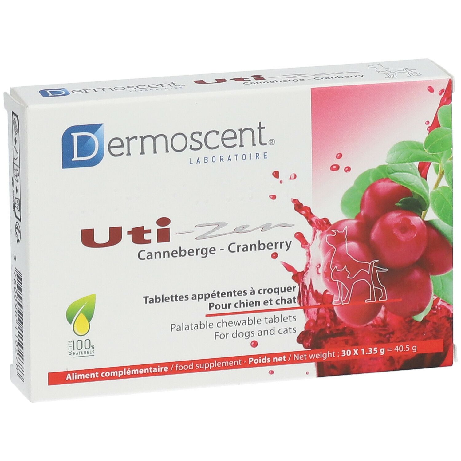 Karton mit Produktaufdruck. Aufschrift: Dermoscent Uti-Zen Cranberry. Abbildung von Cranberrys. Für Hunde und Katzen.