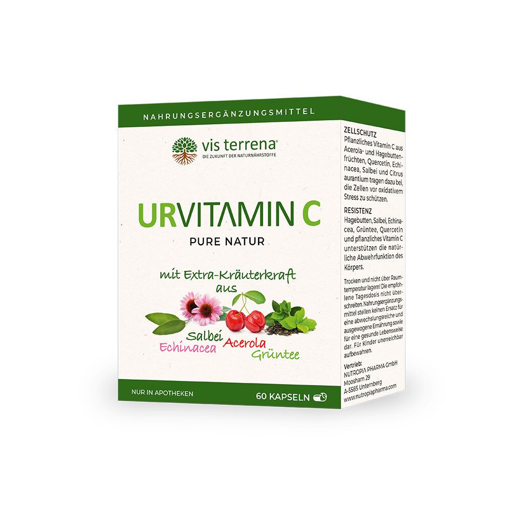 Weiß-grüne Schachtel mit "URVITAMIN C". Enthält 60 Kapseln. Mit Kräutern wie Salbei, Acerola und Echinacea. Nahrungsergänzungsmittel.