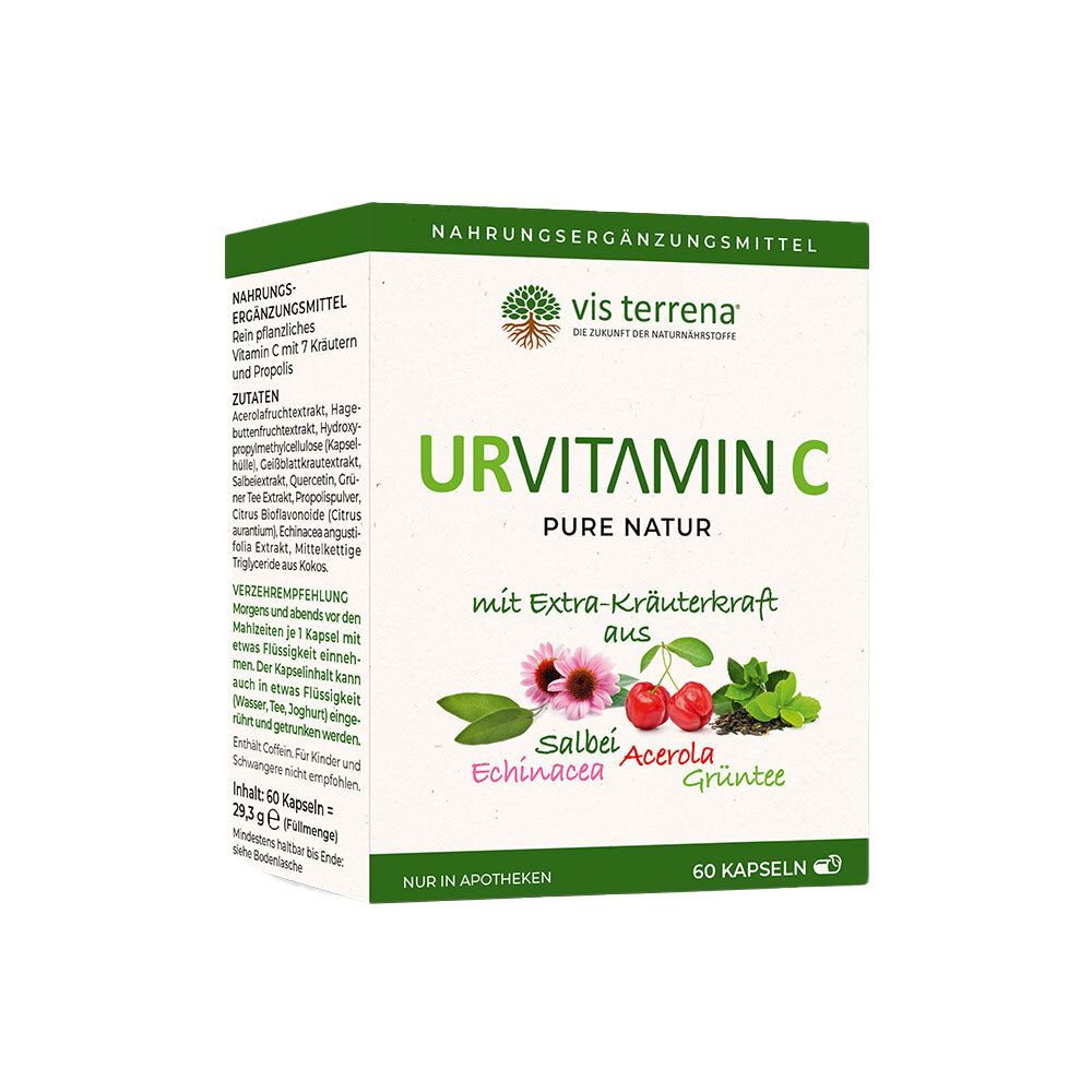 Weiß-grüne Schachtel mit "URVITAMIN C". Enthält 60 Kapseln. Text und Zutatenliste auf der linken Seite. Nahrungsergänzungsmittel.