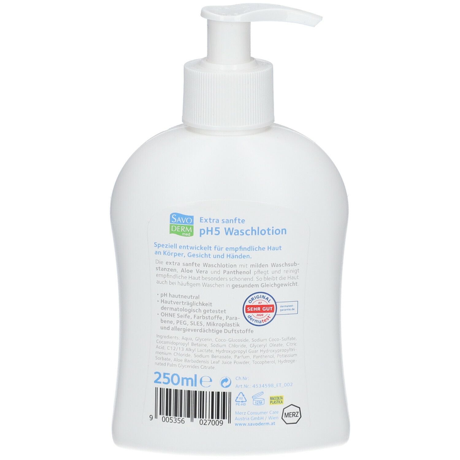 Rückseite der weißen Flasche. SAVODERM med pH5 Waschlotion, Text, Inhaltsstoffe, 250ml, Siegel.